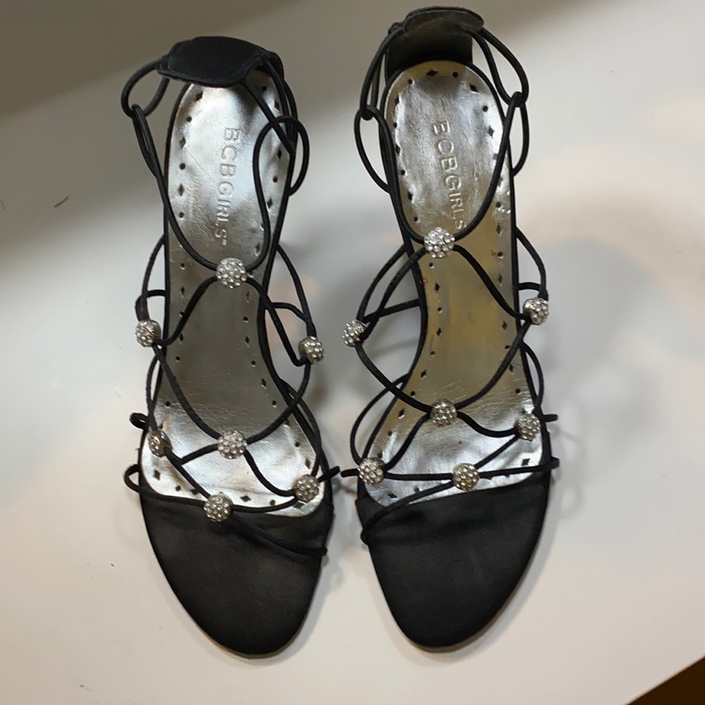 BCBGIRLS sexy, strappy black heels with beautiful diamond-like accents. EUC